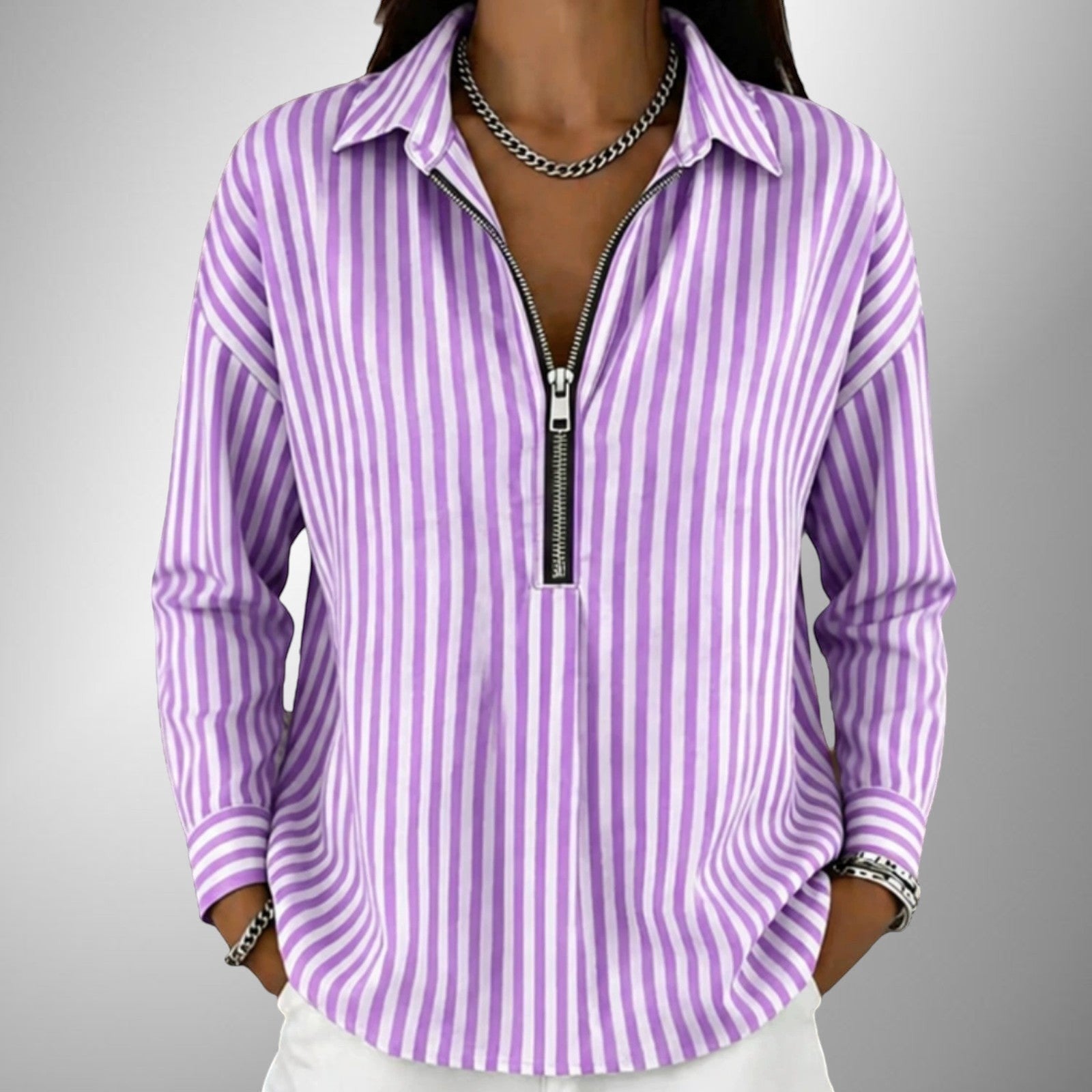 ZOFIA ATELIER URSZULA purple and white striped polyester long sleeve shirt with zipper detail.