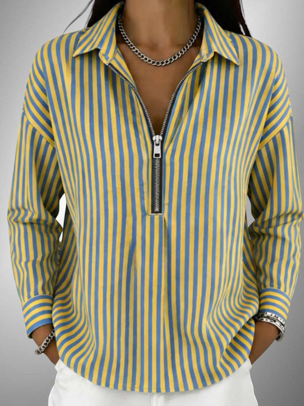 ZOFIA ATELIER URSZULA striped zipper shirt in yellow and blue polyester with a relaxed fit and long sleeves.