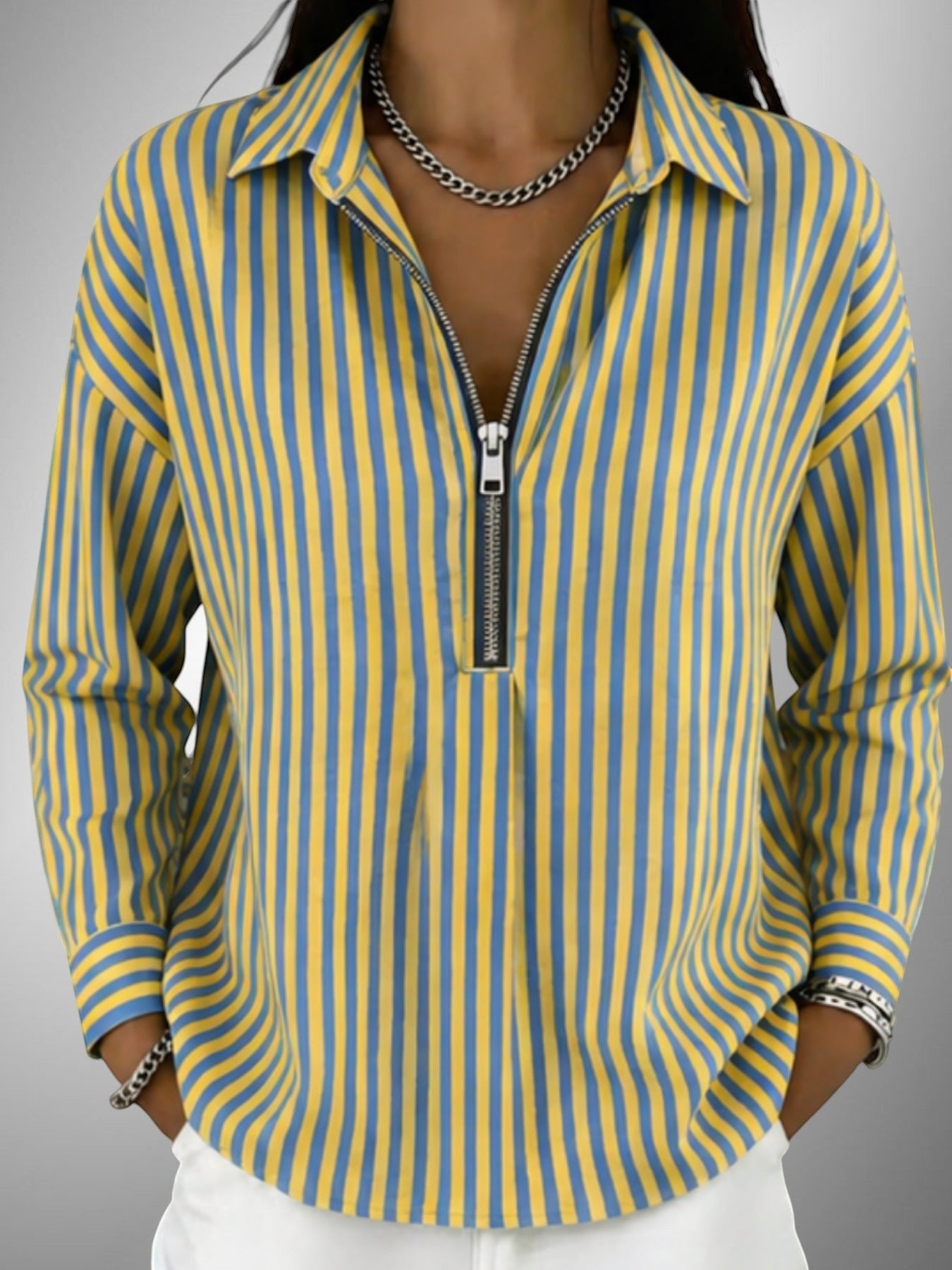ZOFIA ATELIER URSZULA striped zipper shirt in yellow and blue polyester with a relaxed fit and long sleeves.