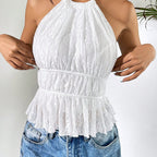 ZOFIA ATELIER URSZULA white lace pleated halter top with ruched waist and ruffled hem