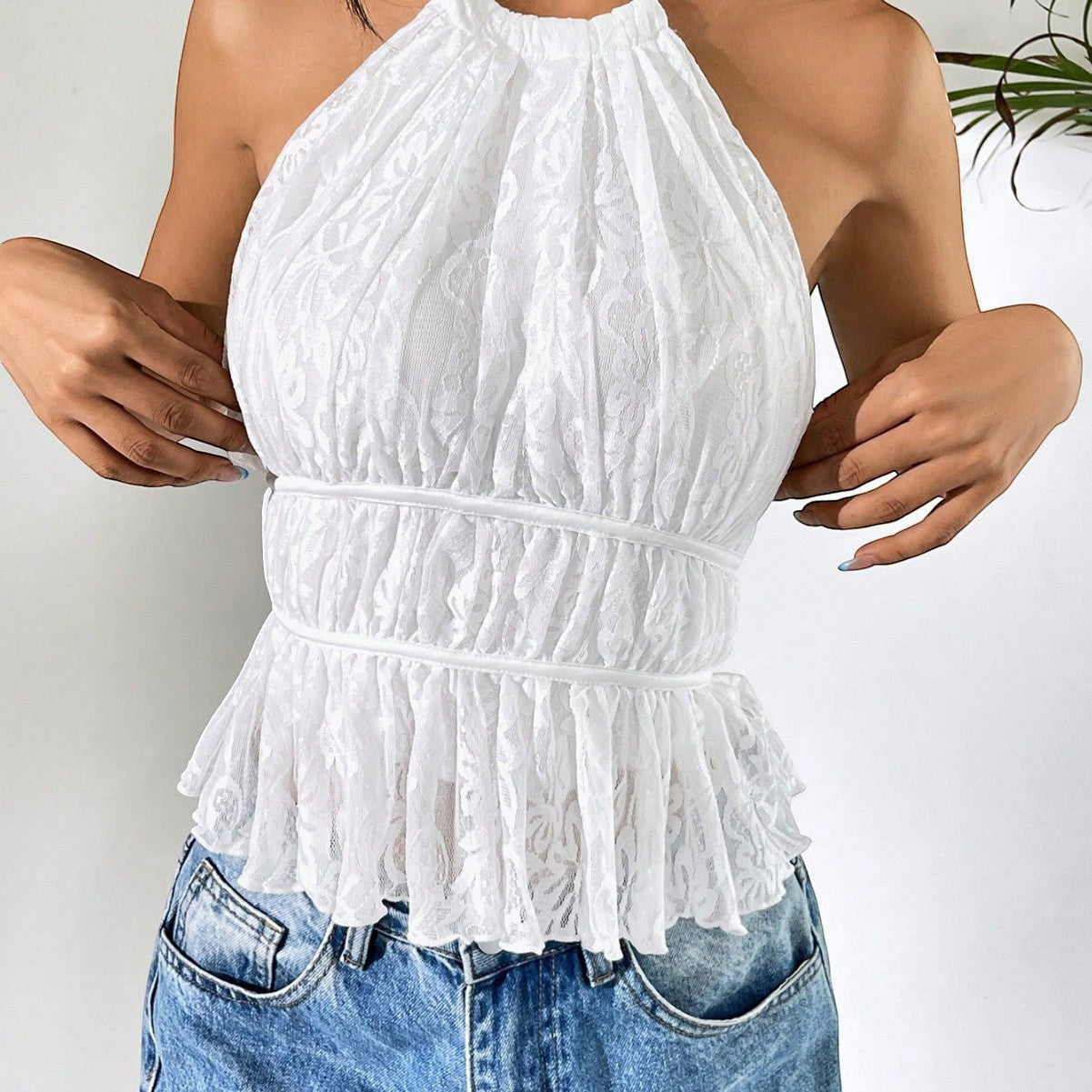 ZOFIA ATELIER URSZULA white lace pleated halter top with ruched waist and ruffled hem