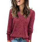 ZOFIA ATELIER V-neck long sleeve t-shirt in a ribbed knit, featuring a subtle stripe pattern and a relaxed fit.