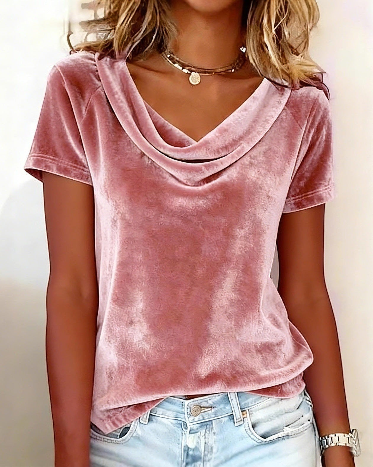 ZOFIA ATELIER dusty rose velvet cowl neck short sleeve top