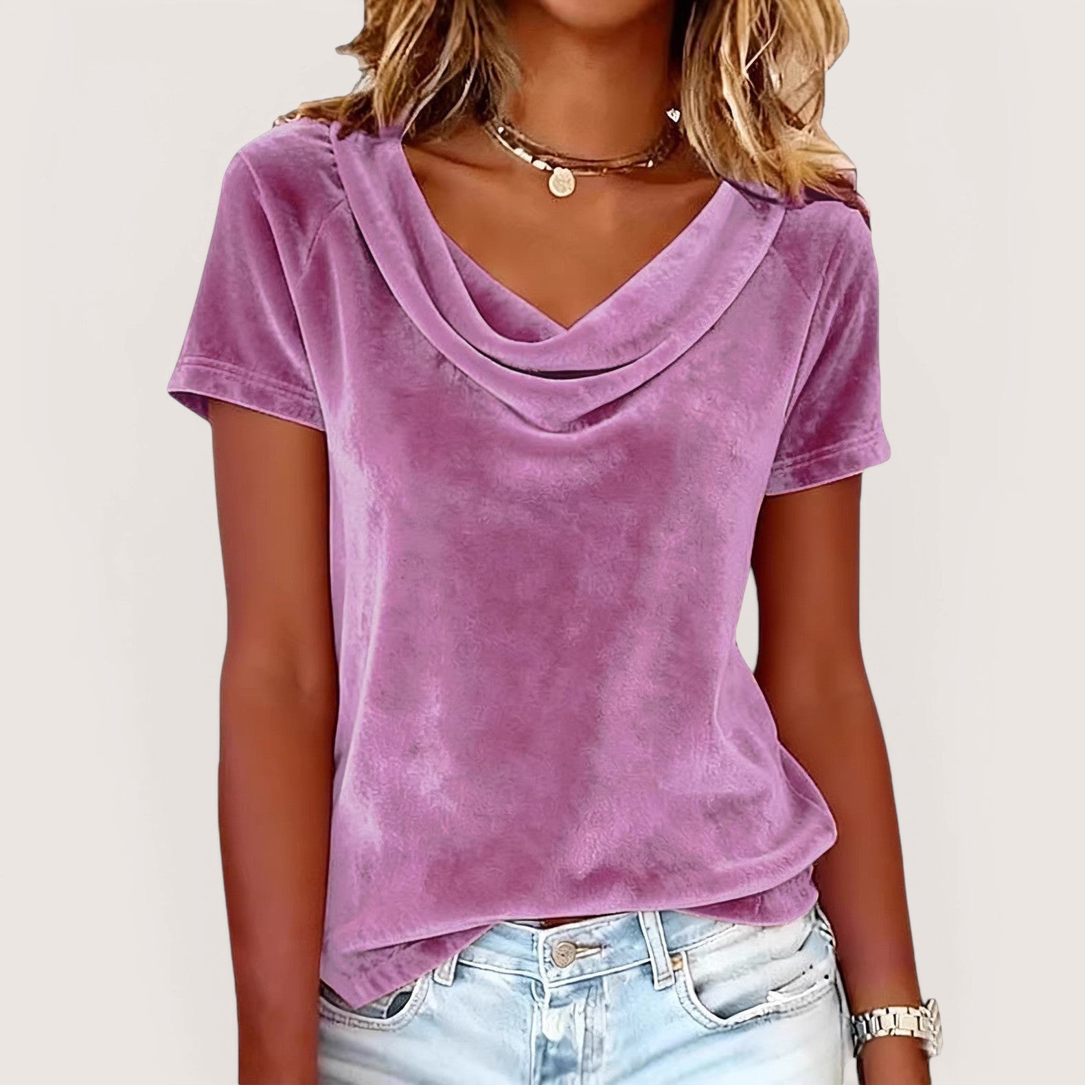 ZOFIA ATELIER MAŁGORZATA velvet cowl neck top in a soft purple hue with short sleeves.