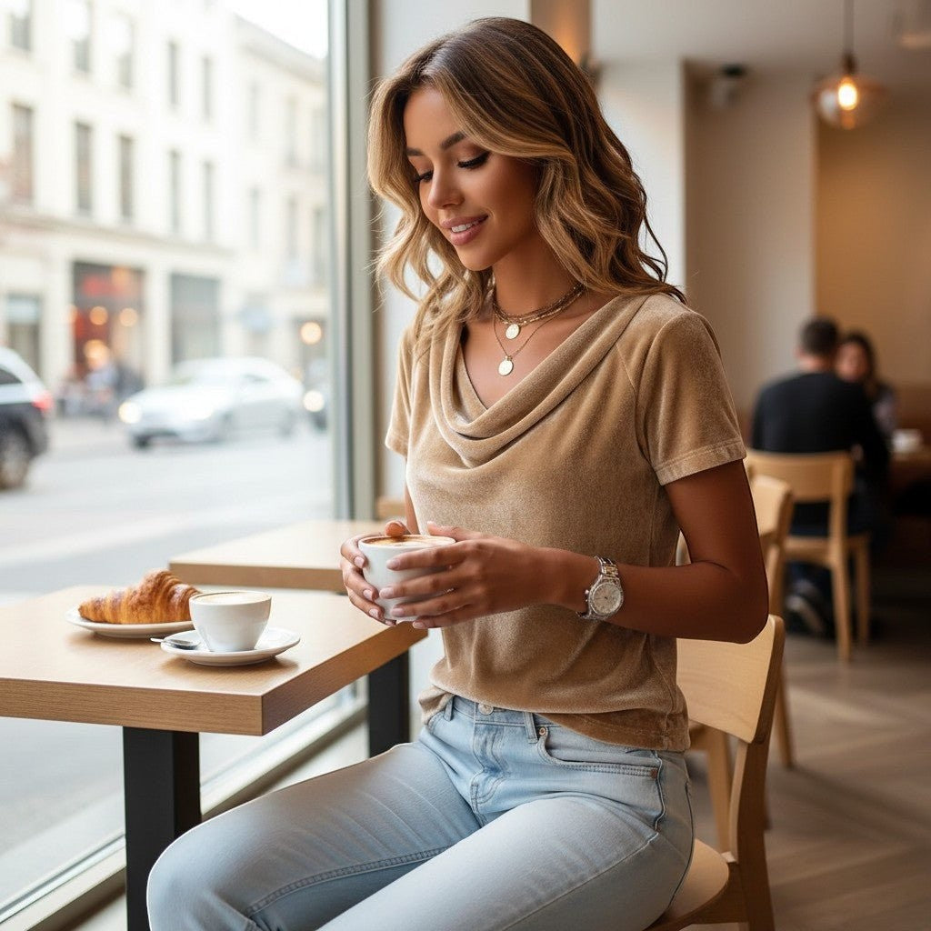 ZOFIA ATELIER MAŁGORZATA velvet cowl neck top in a soft tan color, featuring short sleeves and a draped neckline. Model holds a coffee cup.