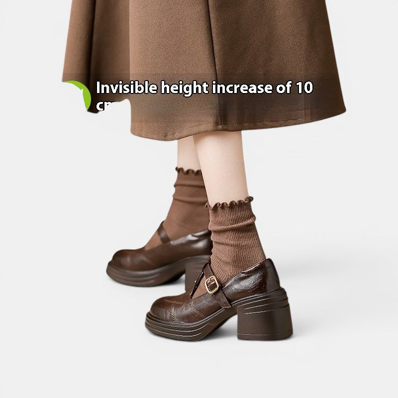 ZOFIA ATELIER brown PU vintage Mary Jane shoes with short stout heel and buckle detail.