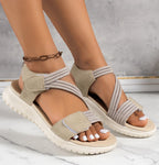 ZOFIA ATELIER beige PU beach sandals with elastic straps and Velcro closure, round toe, vulcanized sole.
