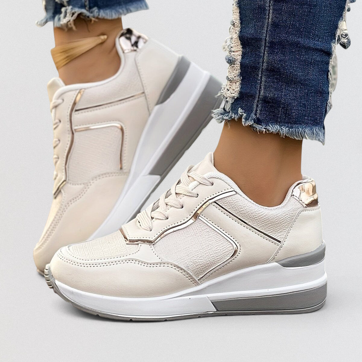 ZOFIA ATELIER creamy-white artificial PU wedge sneakers with microfiber lining and round toe.