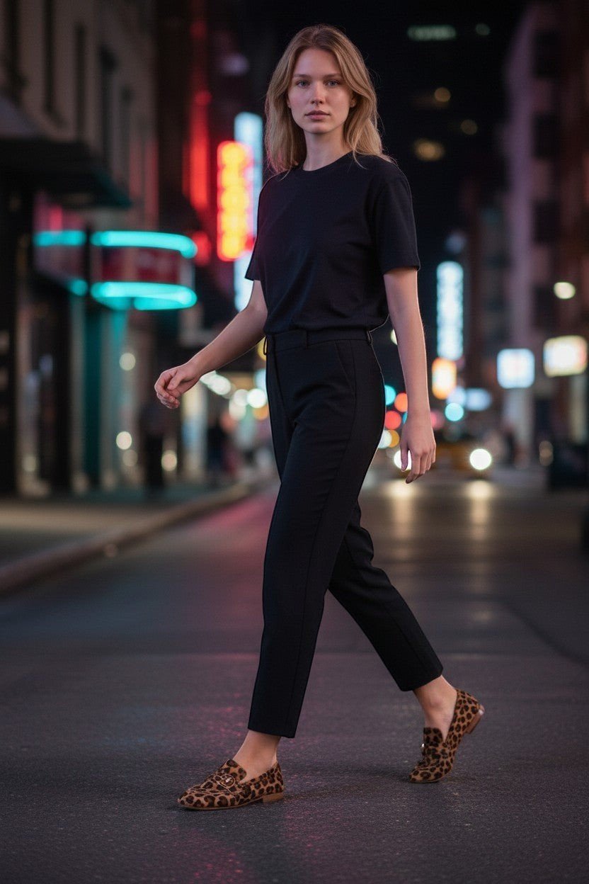 ZOFIA ATELIER WERONIKA leopard print flat shoes with round toe and buckle detail, worn by a woman walking at night.