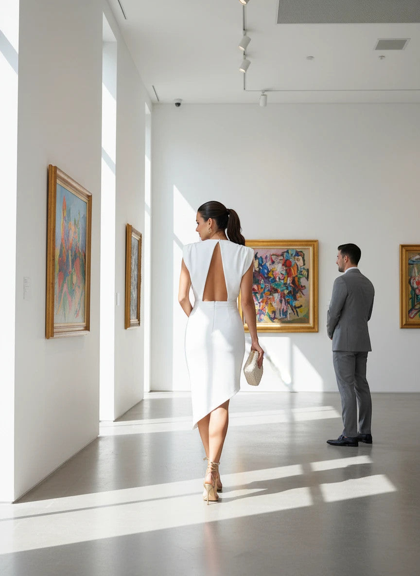 ZOFIA ATELIER white sleeveless asymmetric polyester dress with a cutout back, perfect for cocktail parties.