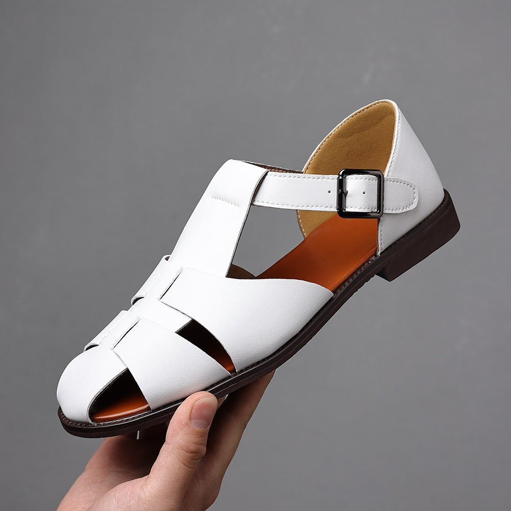 ZOFIA ATELIER white PU leather casual shoes with woven toe and buckle strap