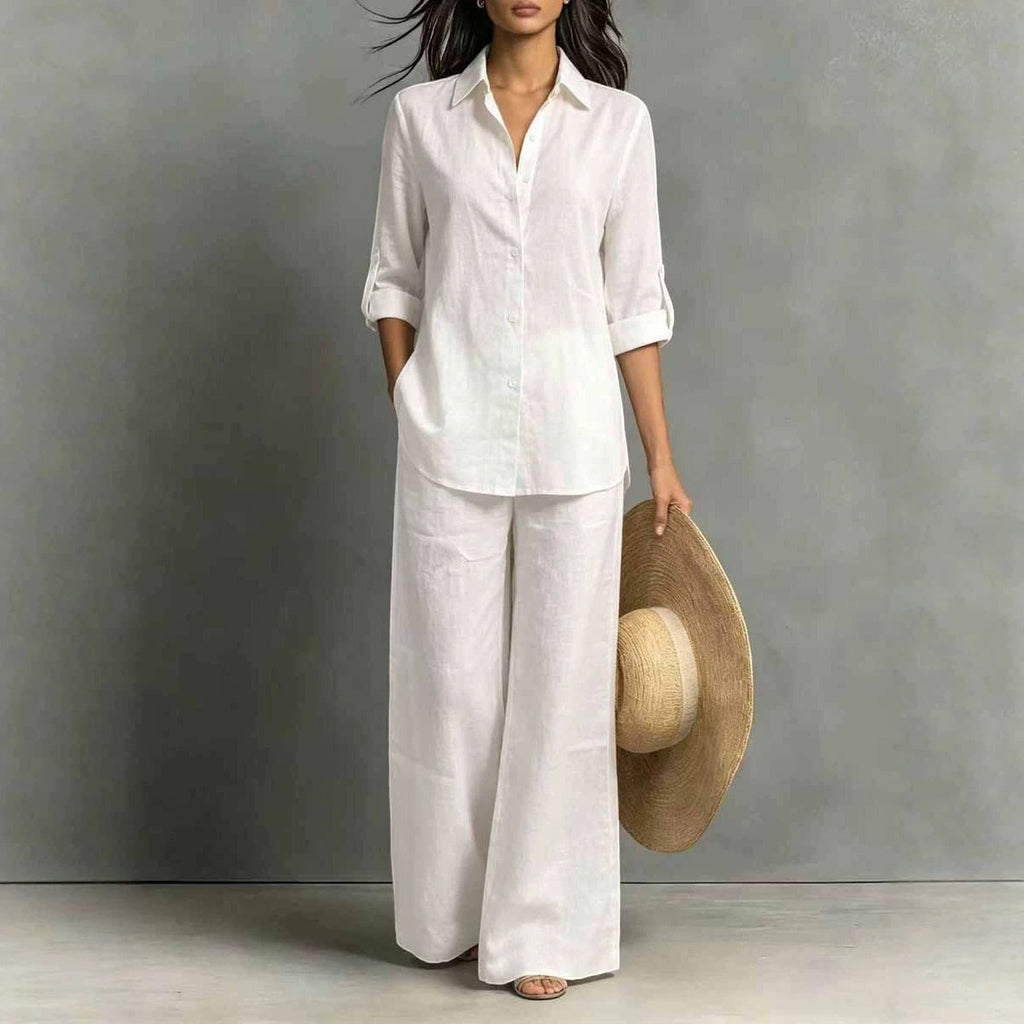 ZOFIA ATELIER white cotton resort set with wide-leg pants and button-down shirt, perfect for summer.