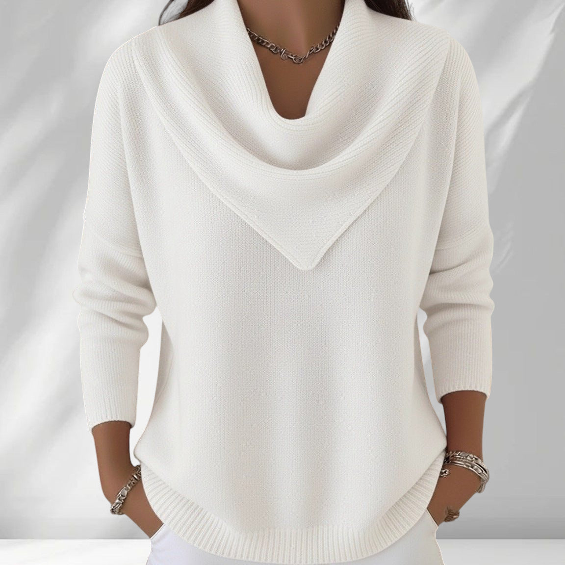 ZOFIA ATELIER white polyester knit sweater top with cowl neck and loose fit