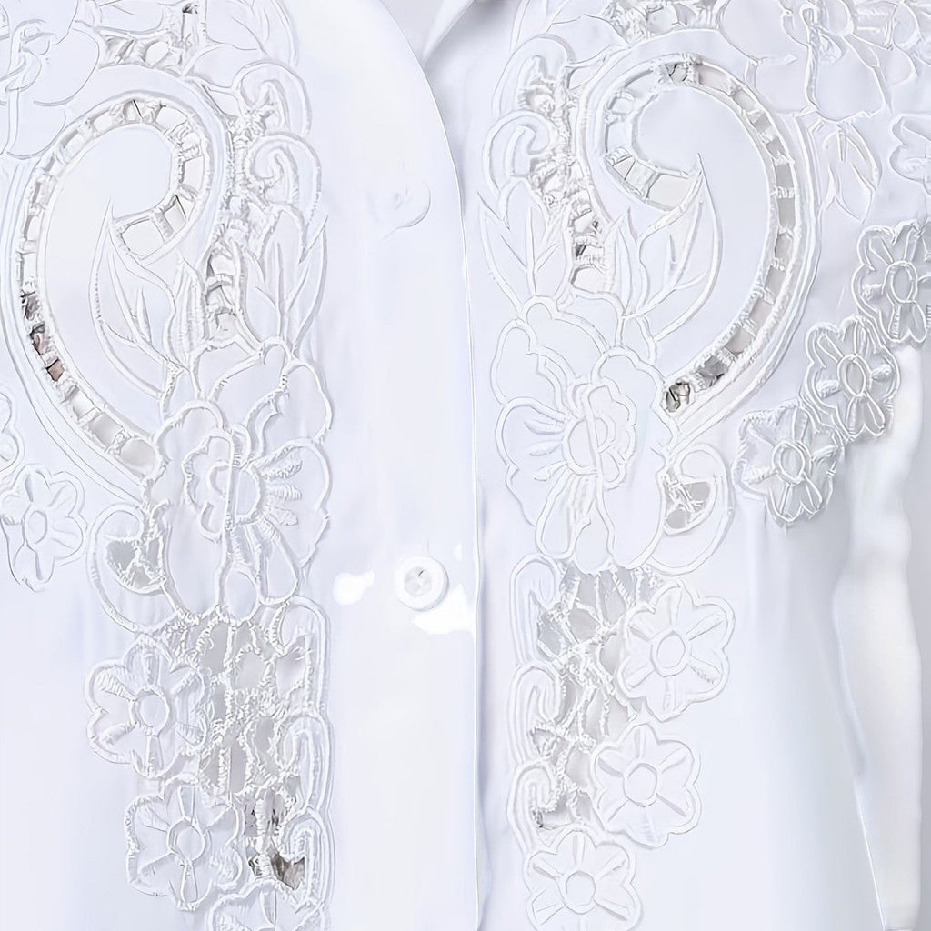 ZOFIA ATELIER white embroidered lace blouse with short sleeves and hollow-out design. Made of polyester and rayon.