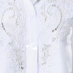ZOFIA ATELIER white embroidered lace blouse with short sleeves and hollow-out design. Made of polyester and rayon.