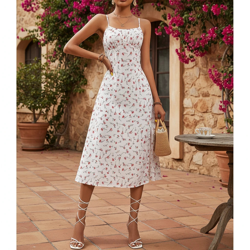 ZOFIA ATELIER white polyester midi dress with pink floral print, spaghetti straps, and a thigh-high slit.
