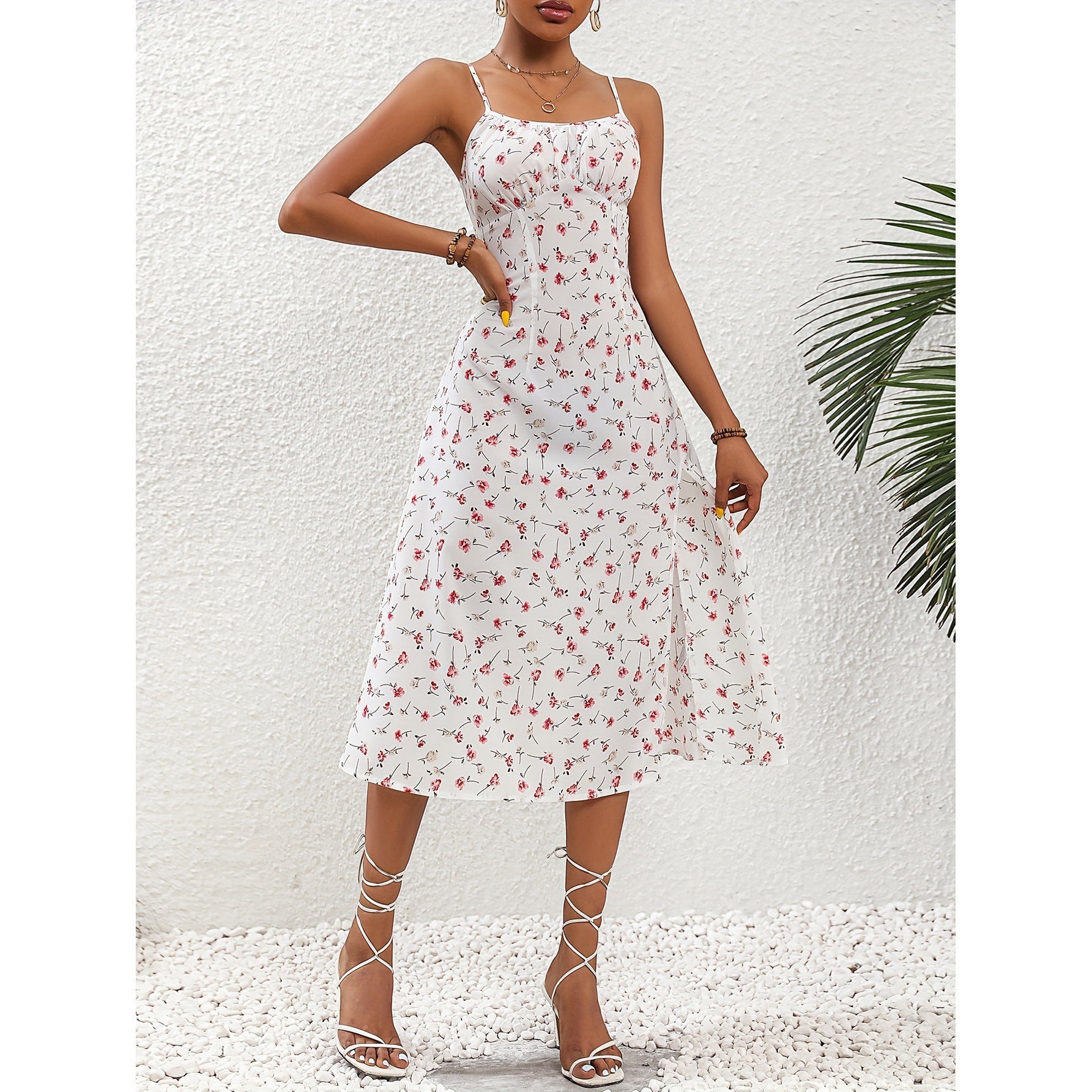ZOFIA ATELIER white polyester midi dress with pink floral print, spaghetti straps, and a thigh-high slit.