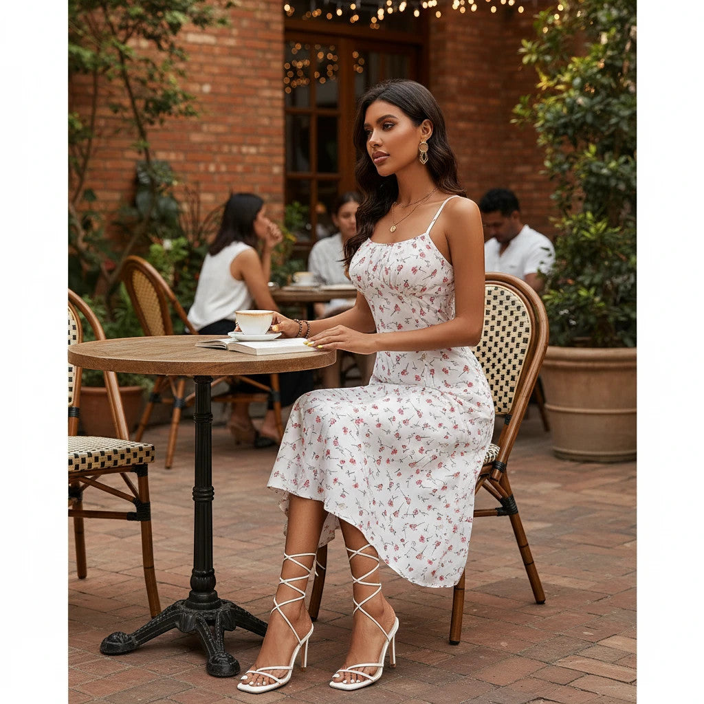 ZOFIA ATELIER white polyester midi dress with pink floral print, spaghetti straps, and a sweetheart neckline.
