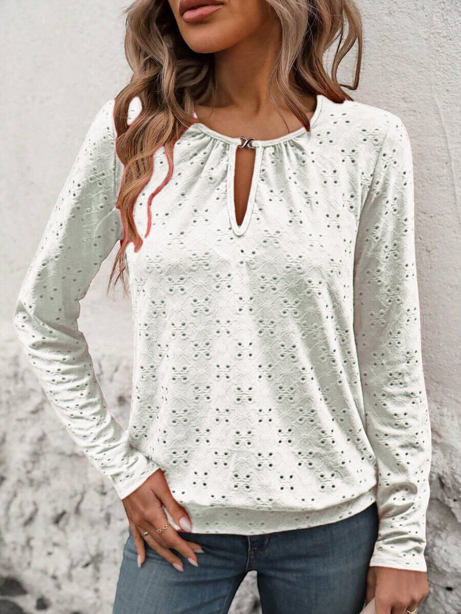 ZOFIA ATELIER white polyester long-sleeve top with hollow-out V-neck and intricate eyelet pattern.