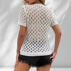 ZOFIA ATELIER white knitted V-neck short sleeve top with hollow-out details