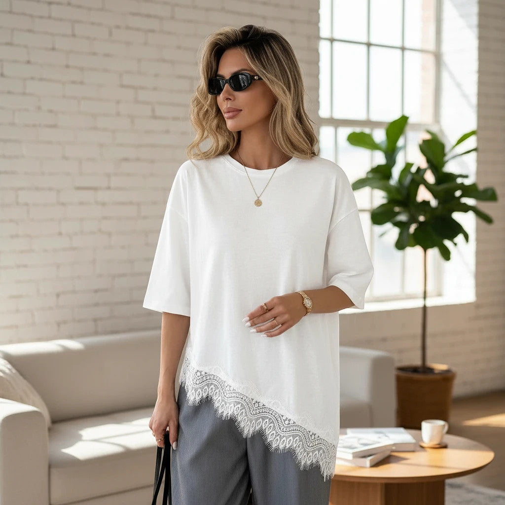 ZOFIA ATELIER white cotton t-shirt with lace-panel hem and loose fit