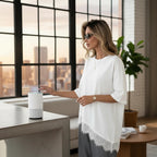 ZOFIA ATELIER white cotton short sleeve top with lace-panel hem, loose fit, mid-length.