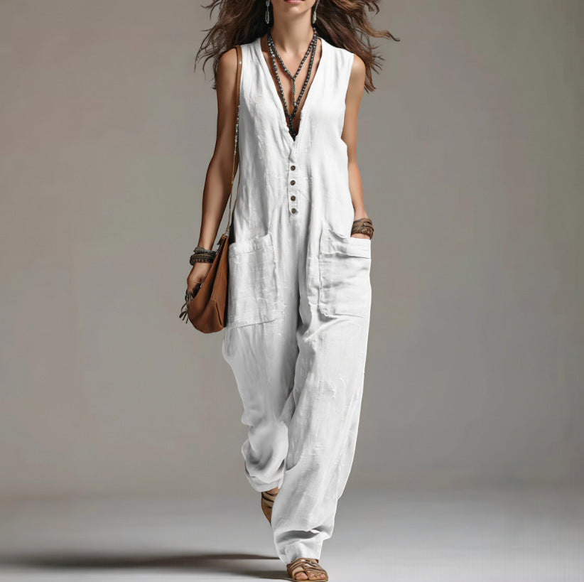 ZOFIA ATELIER white sleeveless polyester jumpsuit with lace trim and pockets. Straight fit, mid-rise waist.