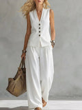 ZOFIA ATELIER white linen blend sleeveless V-neck vest and wide-leg pants set