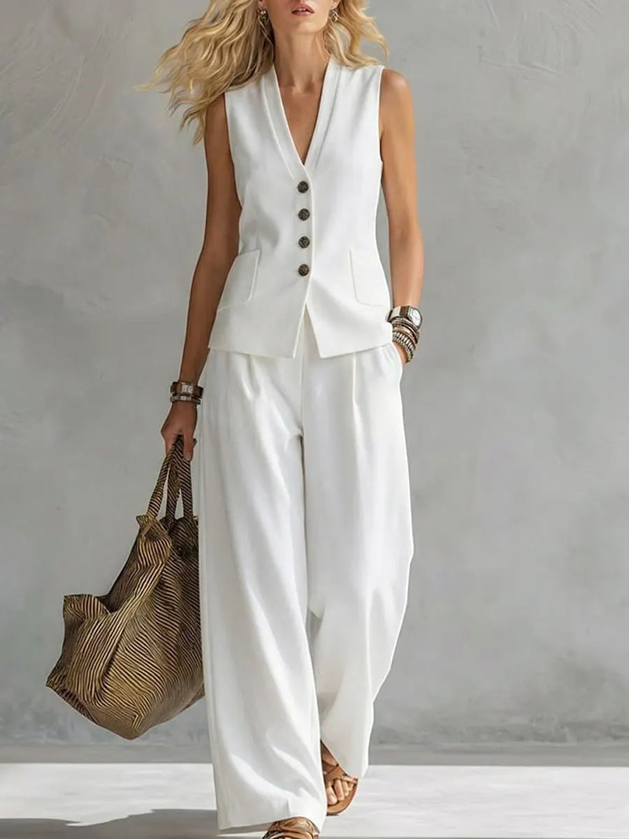 ZOFIA ATELIER white linen blend sleeveless V-neck vest and wide-leg pants set