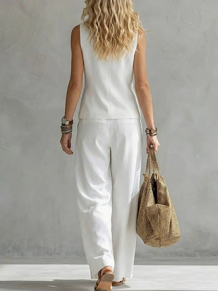 ZOFIA ATELIER white linen blend sleeveless V-neck vest and wide-leg pants summer set