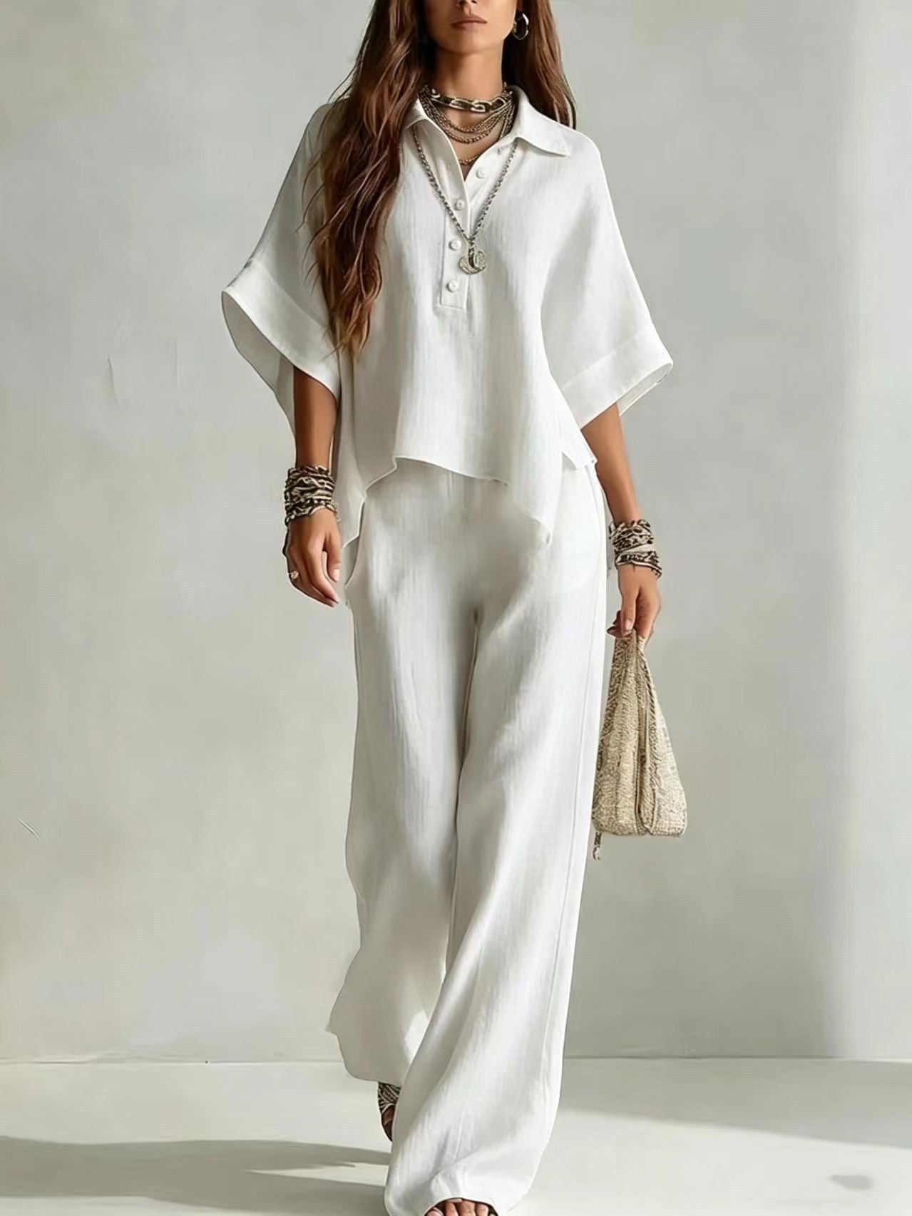 ZOFIA ATELIER white linen short sleeve collared shirt and wide leg pants two-piece set