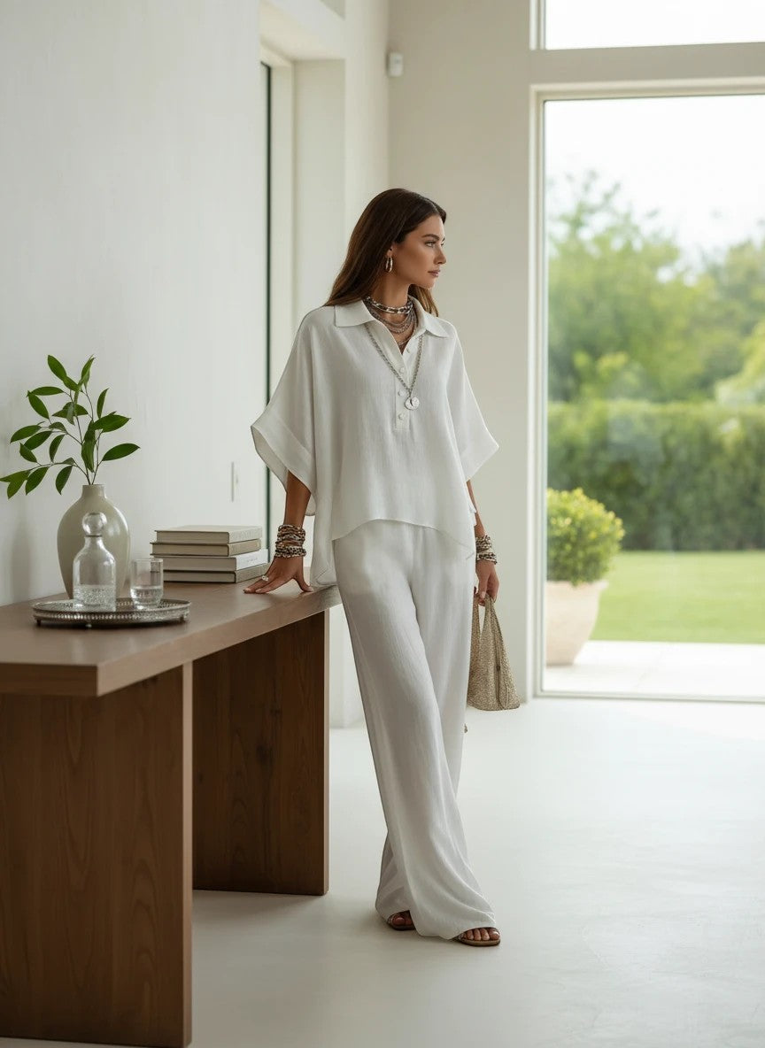 ZOFIA ATELIER white linen short sleeve collared shirt and wide leg pants two-piece set