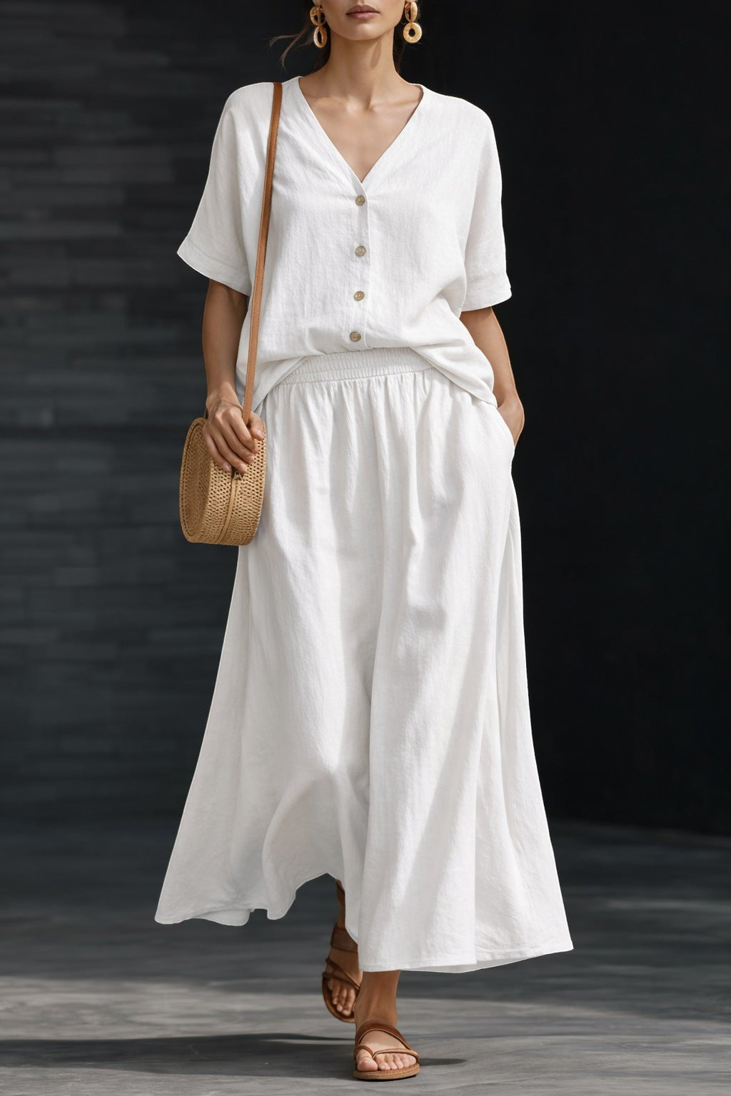 ZOFIA ATELIER white linen V-neck button-up short-sleeve top and elastic waist maxi skirt two-piece set