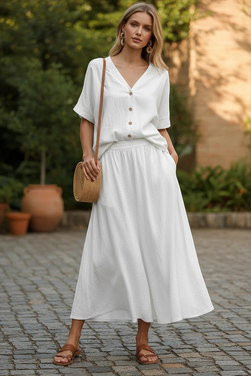 ZOFIA ATELIER white linen V-neck button-up short-sleeve top and flowy midi skirt two-piece set