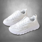 ZOFIA ATELIER white mesh casual running sneakers with floral pattern and lace-up closure.