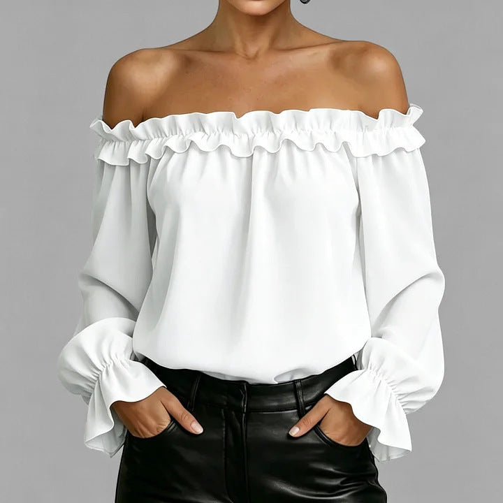 ZOFIA ATELIER Ludmiła white polyester off-shoulder ruffle shirt with seven-quarter sleeves