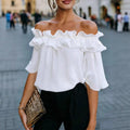 ZOFIA ATELIER white off-shoulder ruffled short-sleeve chlorofiber blouse