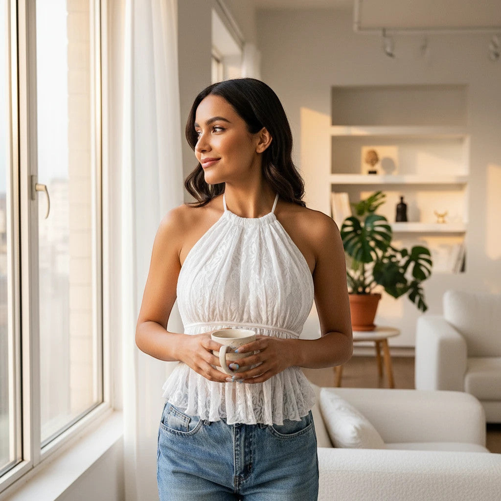 ZOFIA ATELIER white pleated halter top made of polyester, with a ruffled hem and a flattering fit.