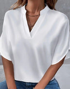 ZOFIA ATELIER white polyester notch neck blouse with short split sleeves, perfect for spring and summer.