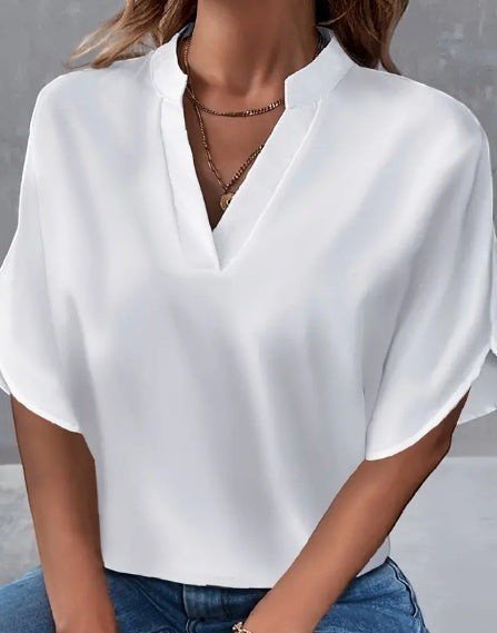 ZOFIA ATELIER white polyester notch neck blouse with short split sleeves, perfect for spring and summer.