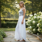 ZOFIA ATELIER white polyester wide-leg cropped trousers with high elastic waist, worn by a model outdoors.