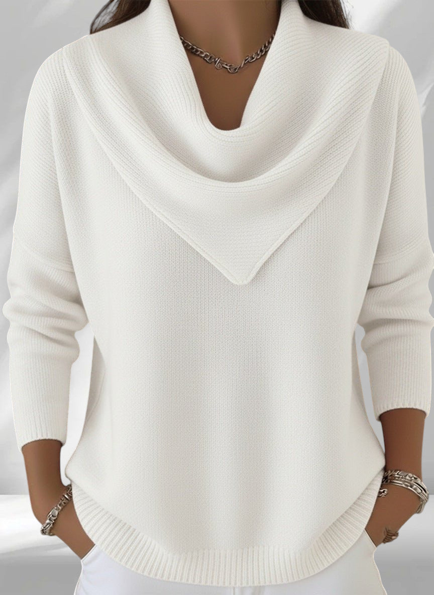 ZOFIA ATELIER white polyester knit sweater top with cowl neck and loose fit