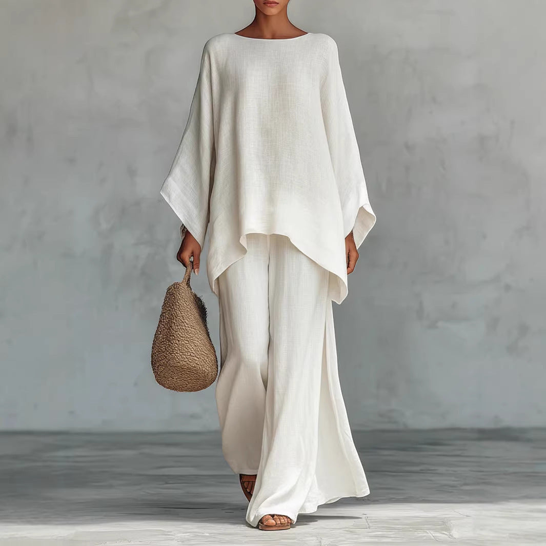 ZOFIA ATELIER white relaxed-fit polyester long sleeve top and wide leg pants set