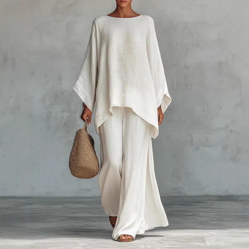 ZOFIA ATELIER white relaxed-fit polyester long sleeve top and wide leg pants set
