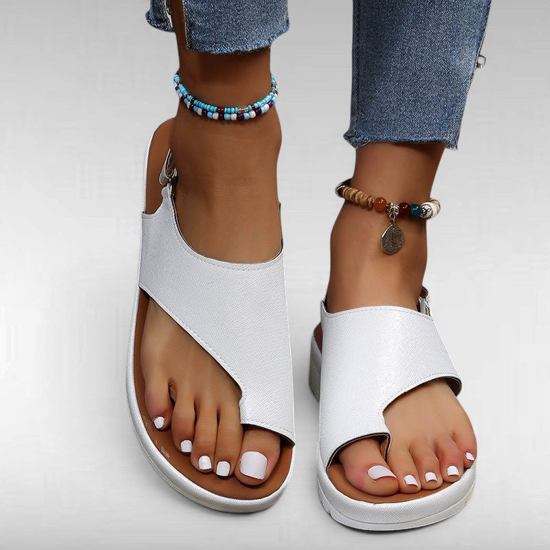 ZOFIA ATELIER white PU casual women's sandals with round toe and buckle closure, lightweight and breathable.