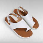 ZOFIA ATELIER white PU casual women's sandals with round toe and buckle closure.
