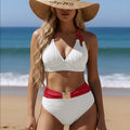 ZOFIA ATELIER white ribbed halter bikini with red waistband and gold shell detail. Polyester. Women's swimwear.