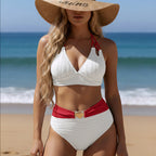 ZOFIA ATELIER white ribbed halter bikini with red waistband and gold shell detail. Polyester. Women's swimwear.