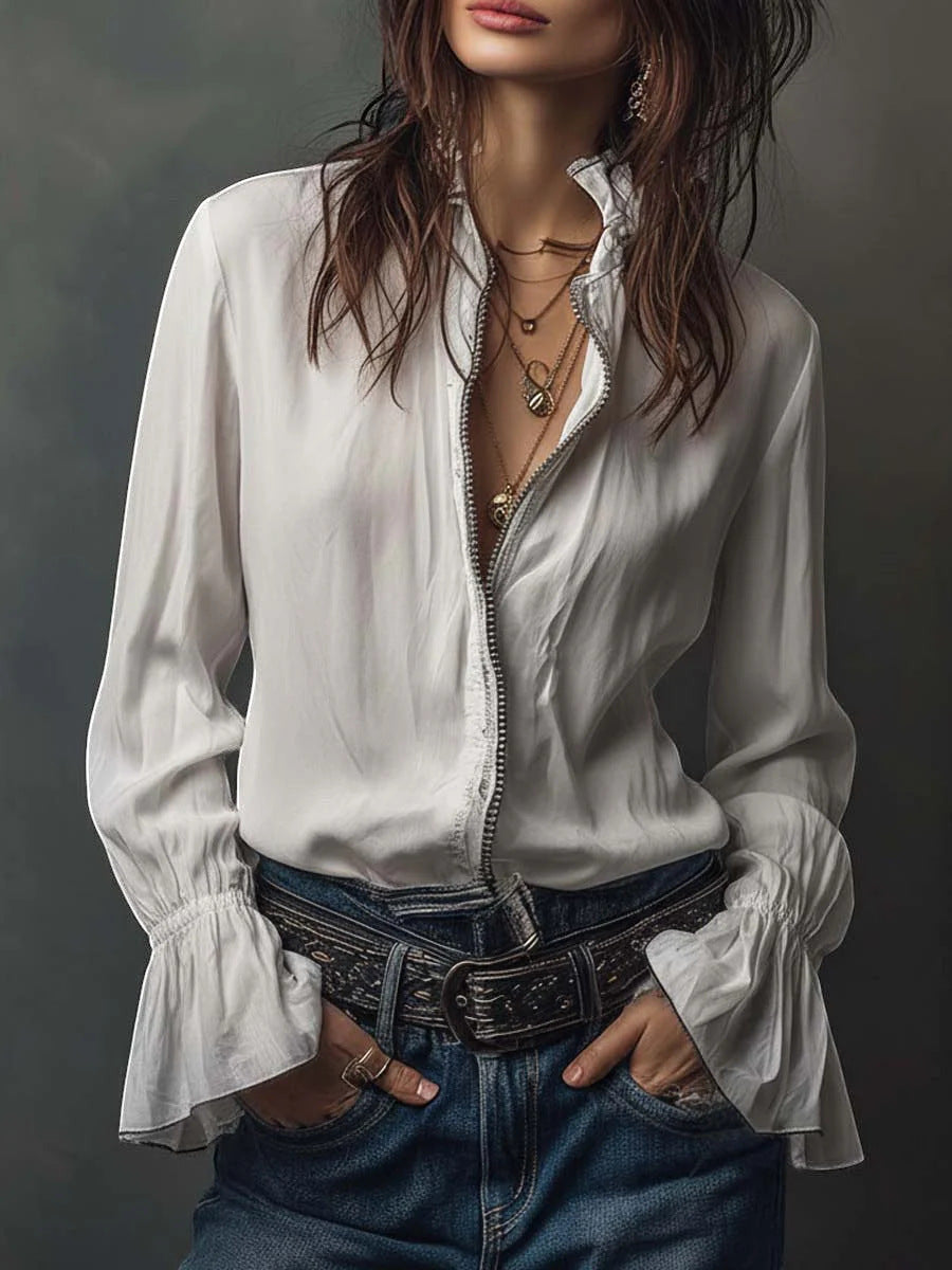 ZOFIA ATELIER white polyester long sleeve ruffled resort shirt with zipper detail