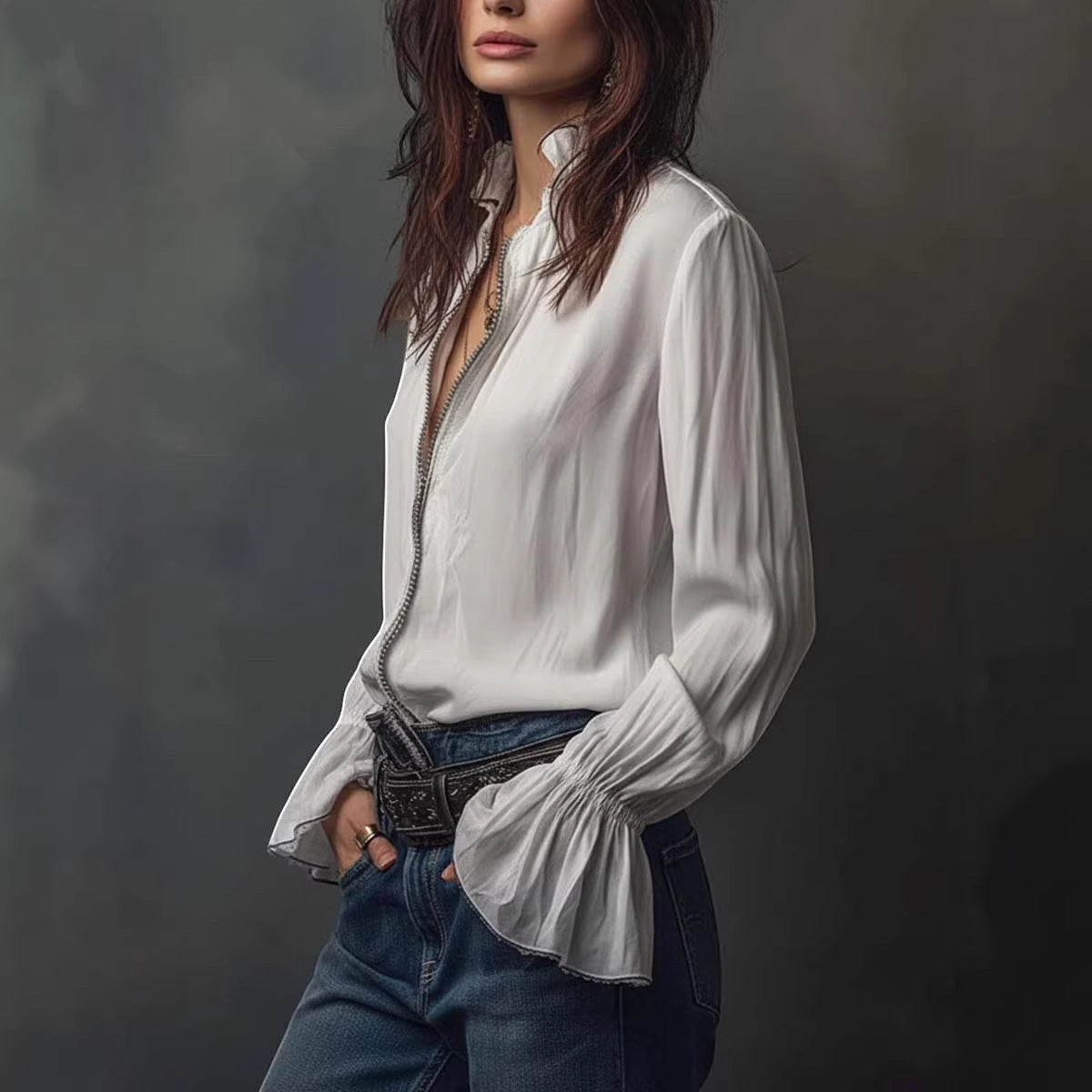 ZOFIA ATELIER white polyester long sleeve ruffled shirt with zipper detail and four-way stretch fabric.
